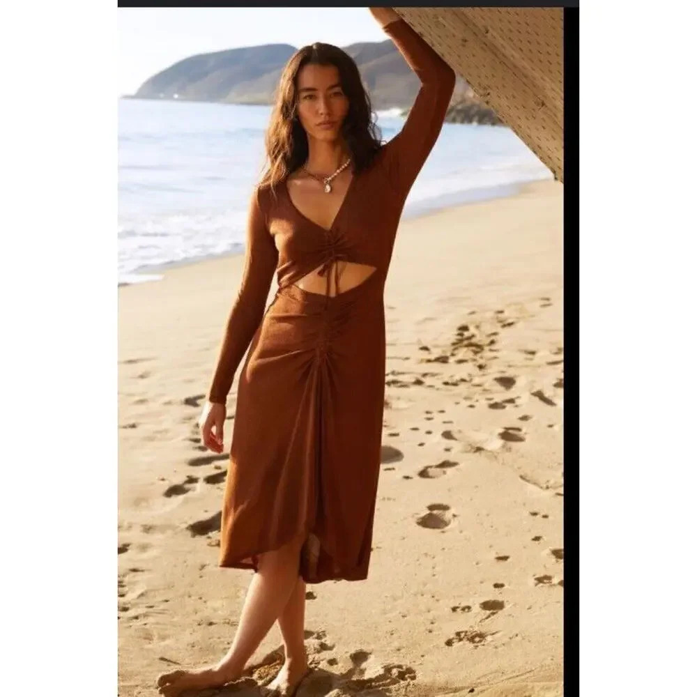LSpace Ruched Anthro Midi Dress spring revolve boho party cut out knit $138